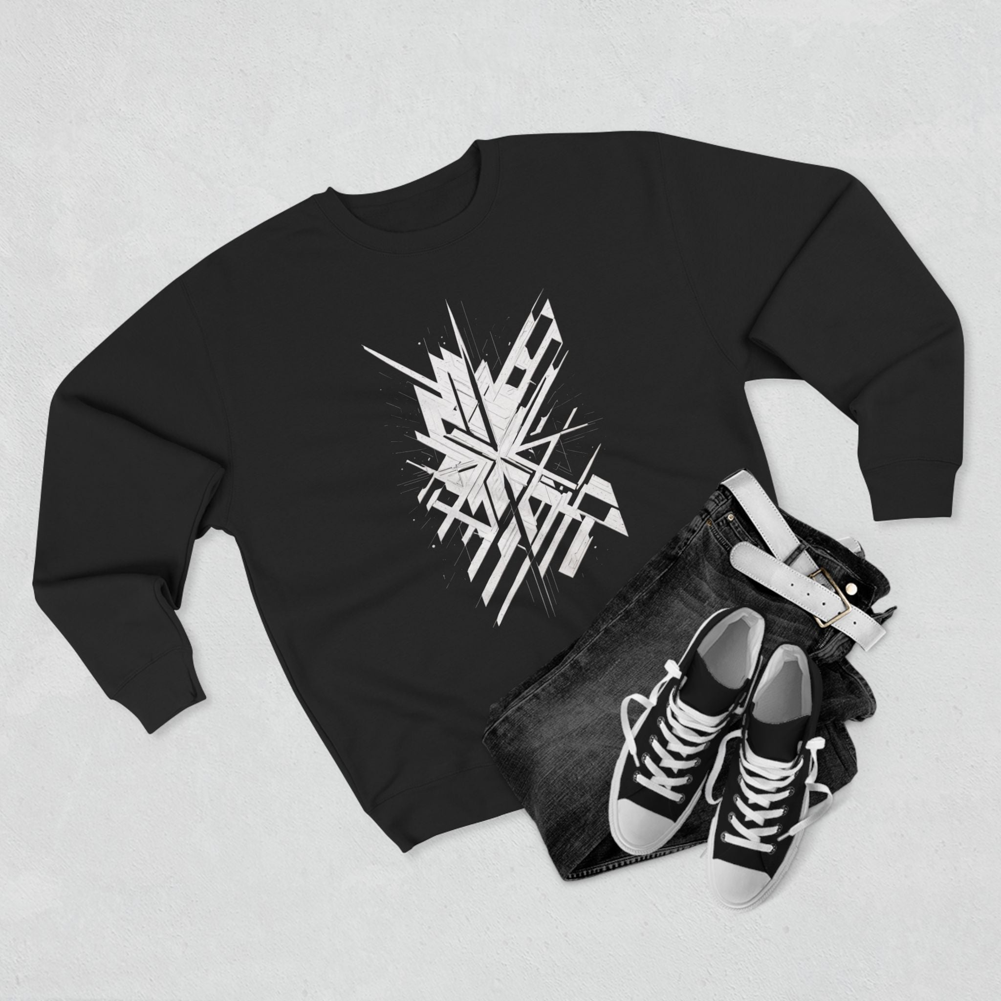 WINFITS Shadow Geometry Crewneck — Monochrome Streetwear Essential